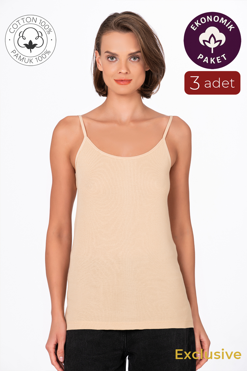 Kadın Pamuklu Ribana İp Askılı Klasik Atlet 3lü Paket – Esnek & Rahat | Ten K0107