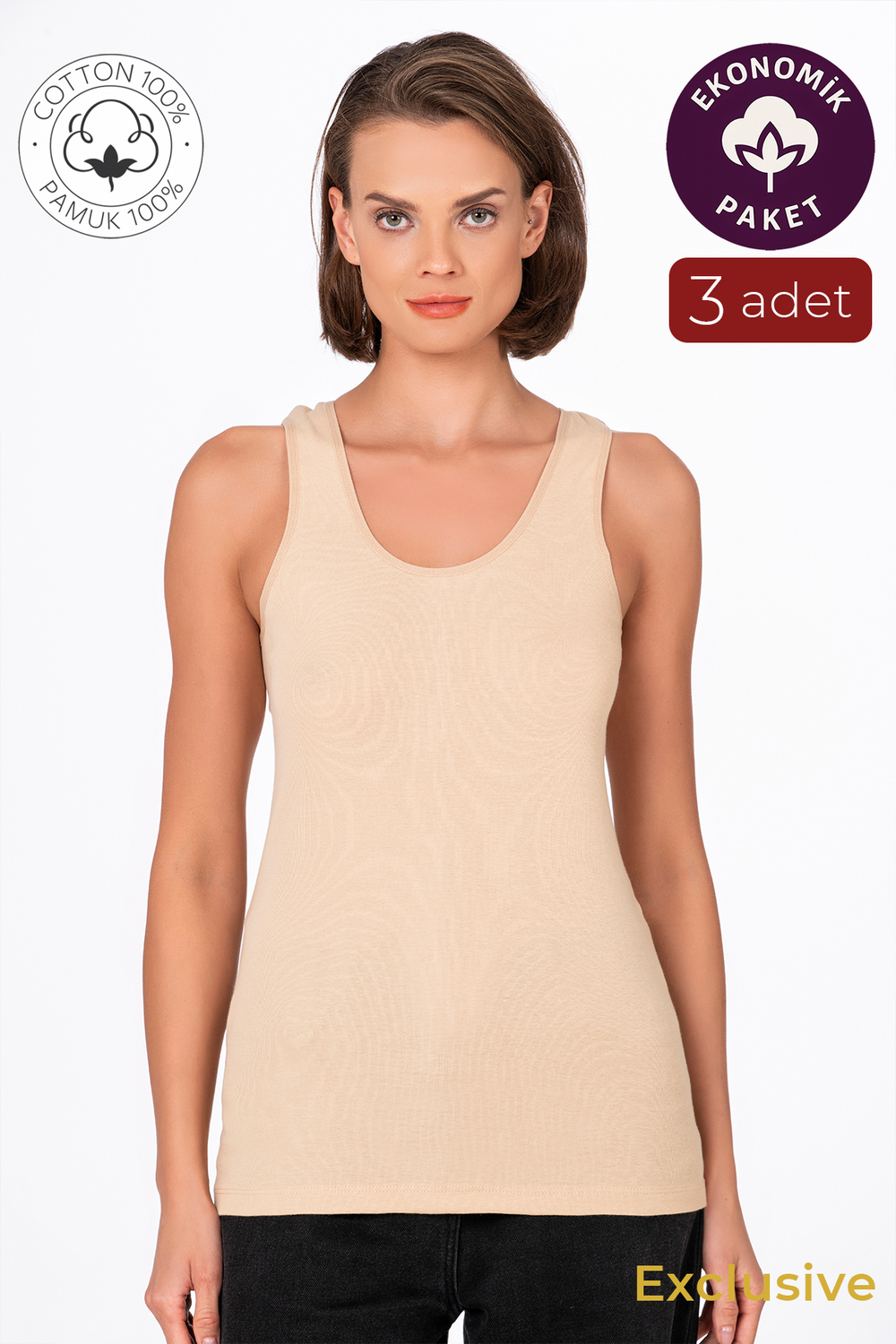 Kadın Pamuklu Ribana Kalın Askılı Atlet 3lü Paket | Ten K0111