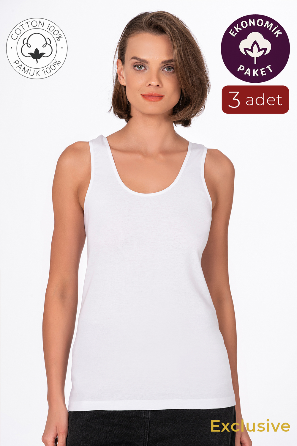 Kadın Pamuklu Ribana Kalın Askılı Atlet 3lü Paket | Beyaz K0111
