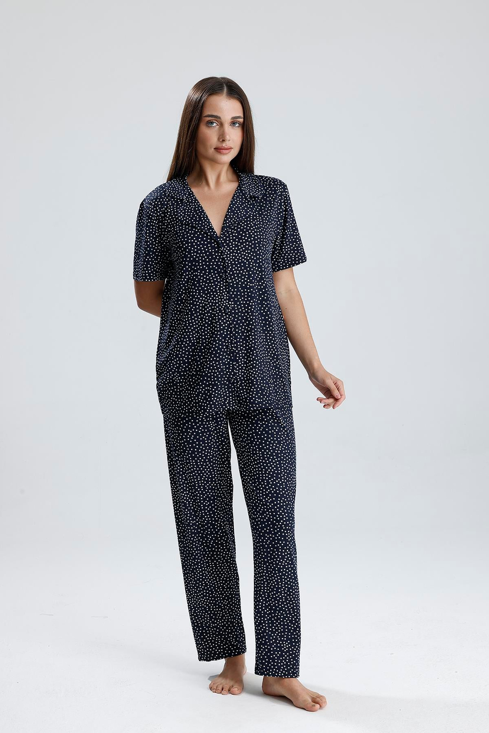 Kadın Düğmeli Puantiye Desen Kısa Kollu Pijama Takım | Lacivert