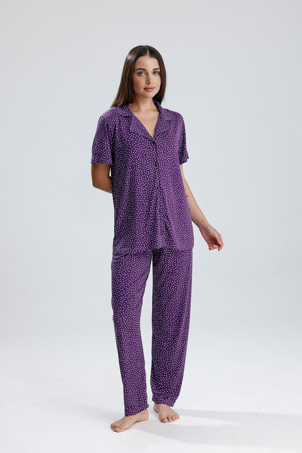 Kadın Düğmeli Puantiye Desen Kısa Kollu Pijama Takım | Mor