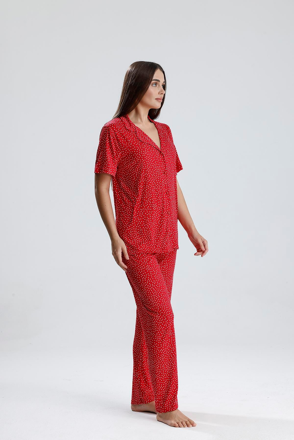Kadın Düğmeli Puantiye Desen Kısa Kollu Pijama Takım | Kırmızı