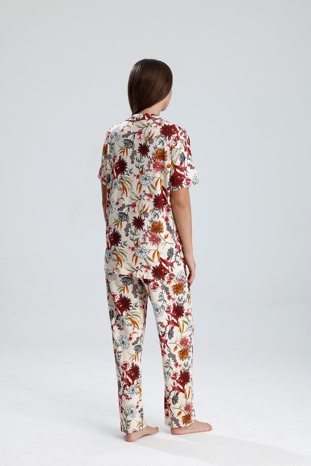 Kadın Düğmeli Şal Desen Kısa Kollu Pijama Takım