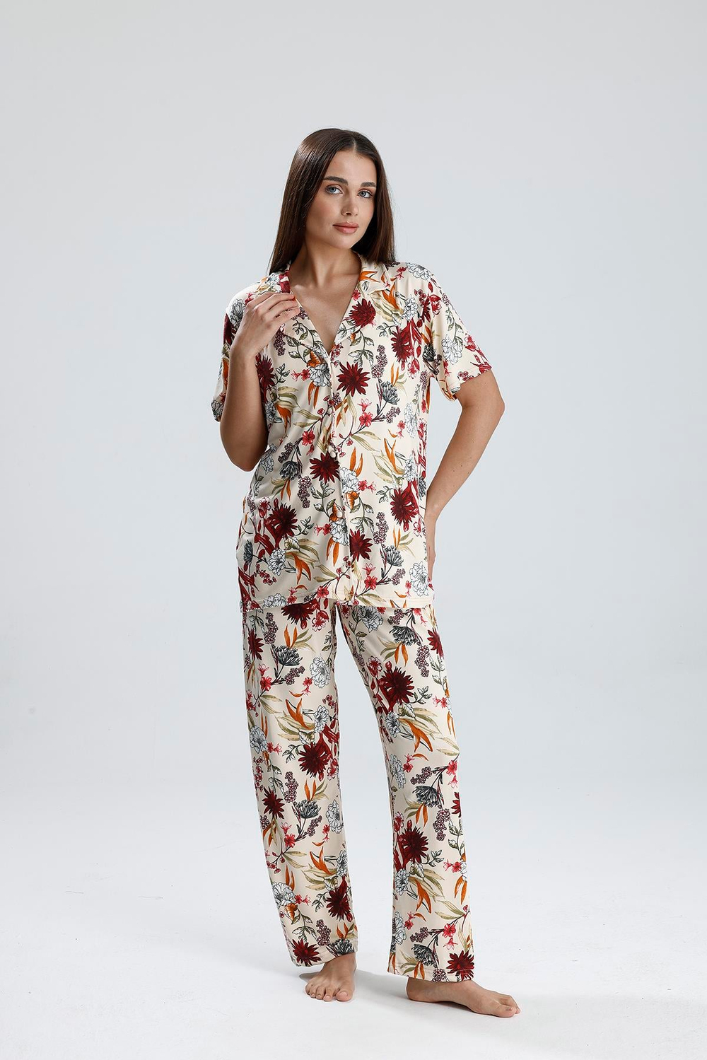 Kadın Düğmeli Şal Desen Kısa Kollu Pijama Takım