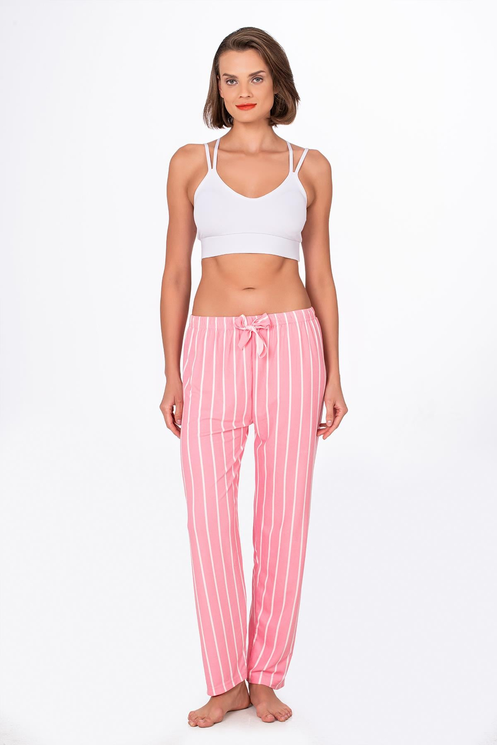 Kadın Süet Pembe Çizgili Pijama Tek Alt