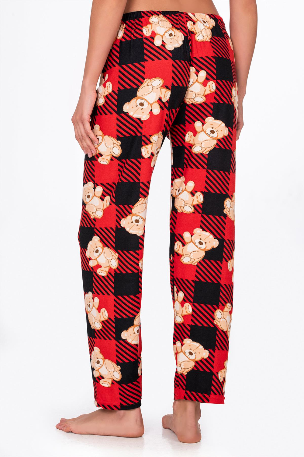 Kadın Süet Kırmızı Kareli Ayıcık Desenli Pijama Tek Alt
