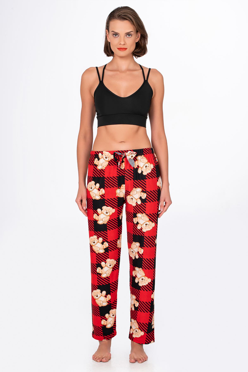 Kadın Süet Kırmızı Kareli Ayıcık Desenli Pijama Tek Alt