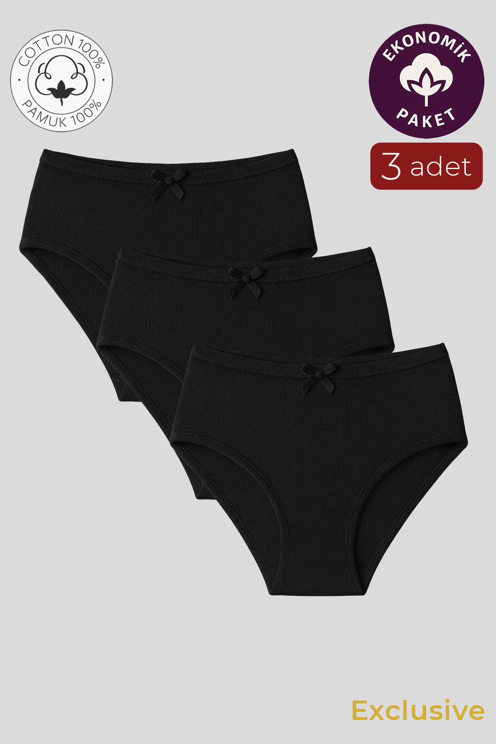 Kadın Yüksek Bel Pamuklu Ribana Slip Külot 3lü Paket – Esnek & Rahat | Siyah K0305