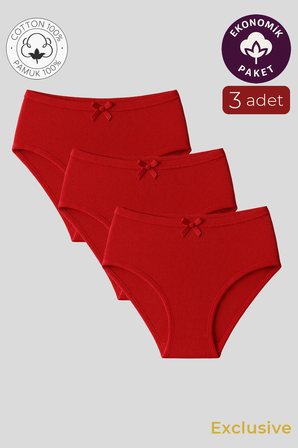 Kadın Yüksek Bel Pamuklu Ribana Slip Külot 3lü Paket – Esnek & Rahat | Kırmızı K0305