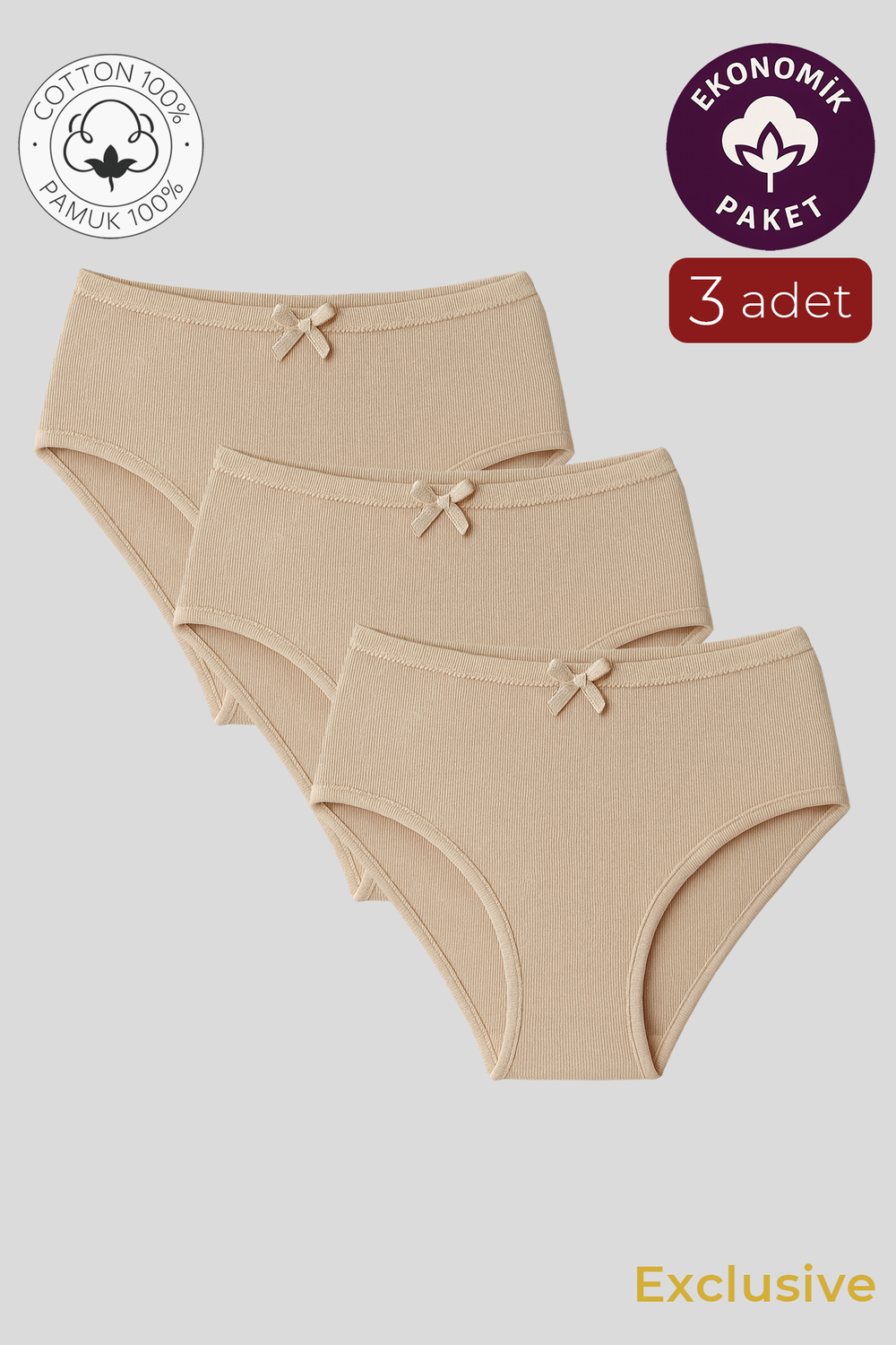 Kadın Yüksek Bel Pamuklu Ribana Slip Külot 3lü Paket – Esnek & Rahat | Ten K0305