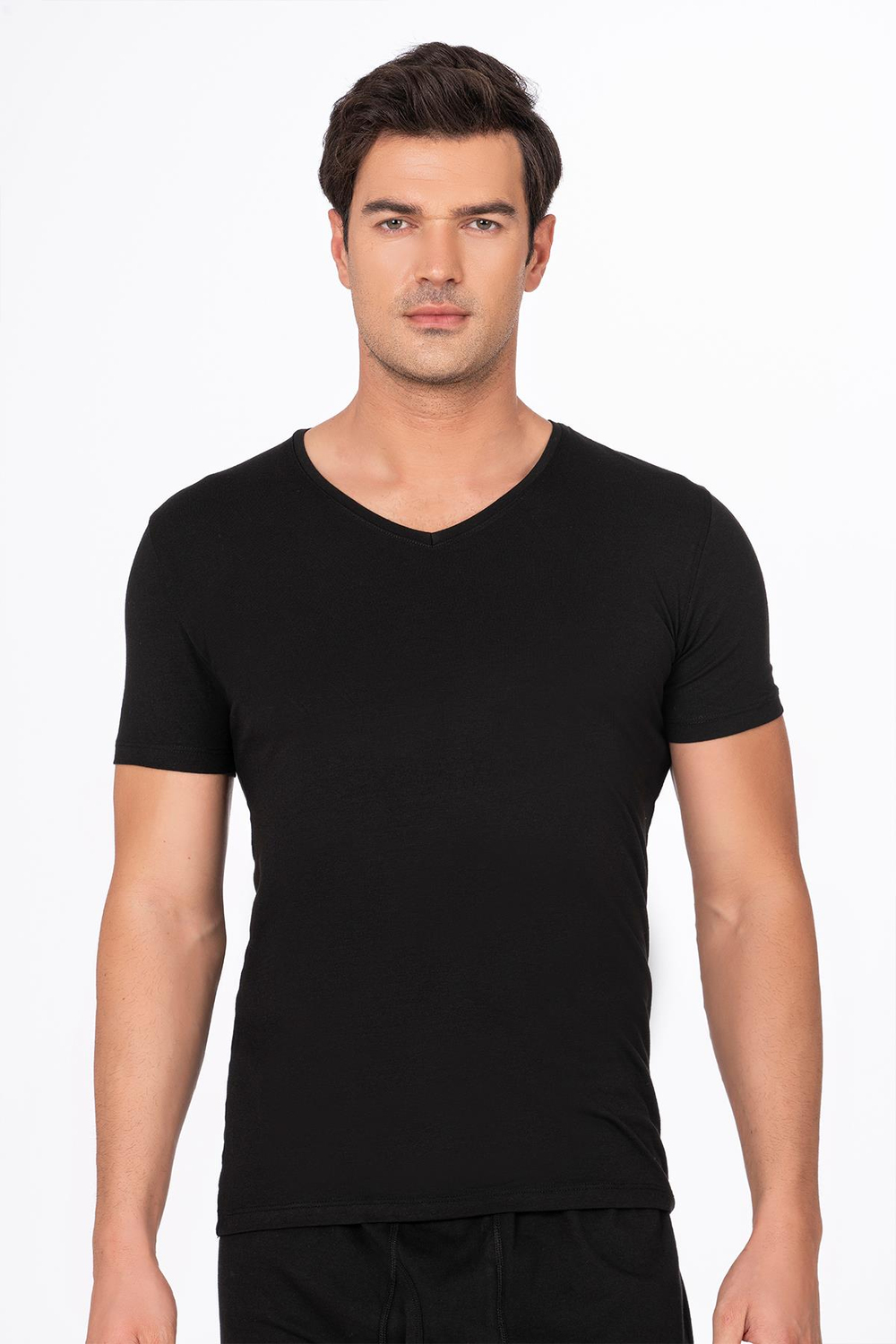 Pamuklu Modal V Yaka Kısa Kollu Tişört Fanila | Siyah K11143