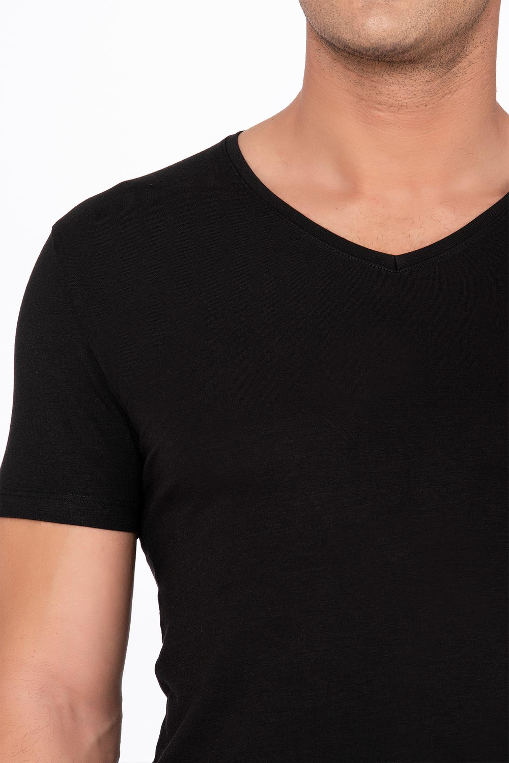 Pamuklu Modal V Yaka Kısa Kollu Tişört Fanila | Siyah K11143