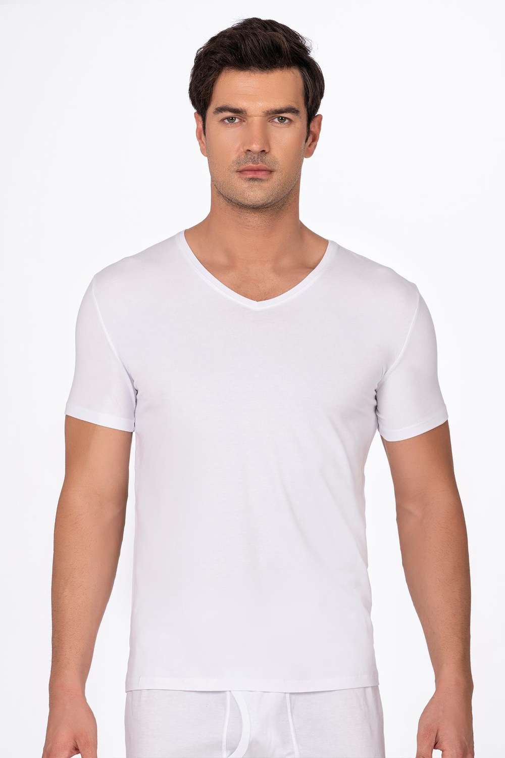 Pamuklu Modal V Yaka Kısa Kollu Tişört Fanila | Beyaz K11143