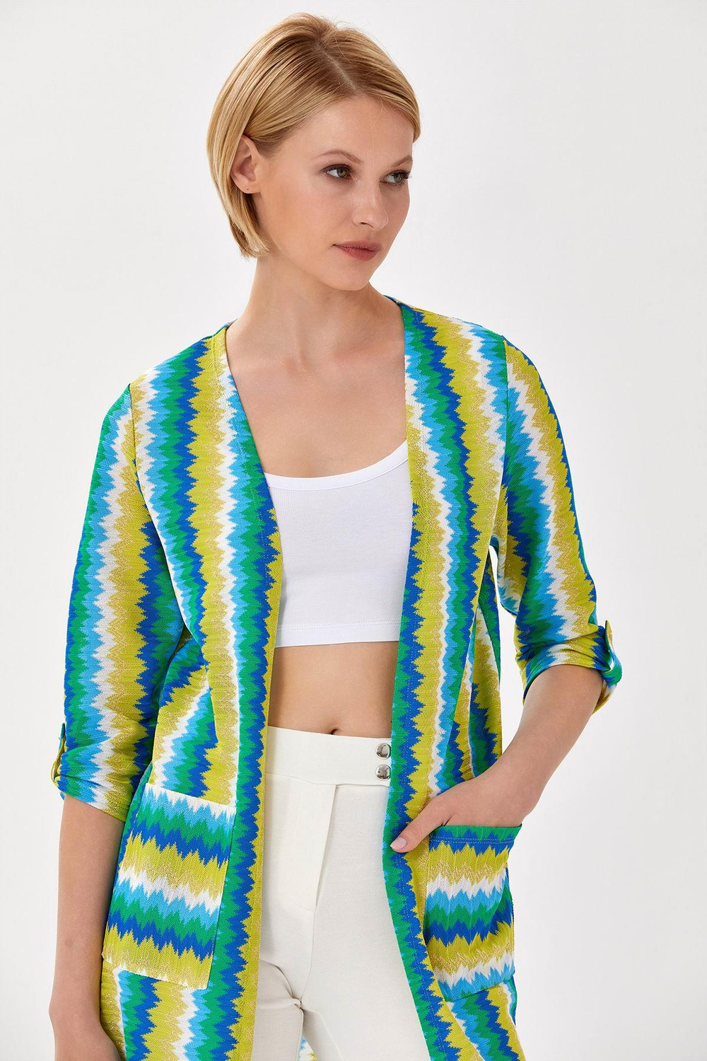 3/4 Kol Zigzag Desenli Cepli Hırka 024-4409