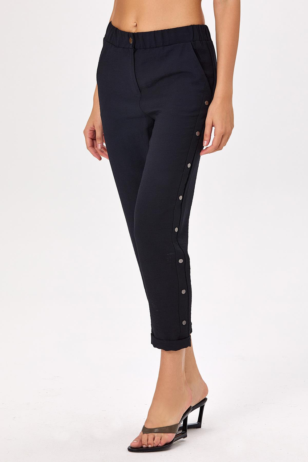 Beli Lastikli Yanı Çıtçıt Detaylı Cepli Pantolon 025-3507