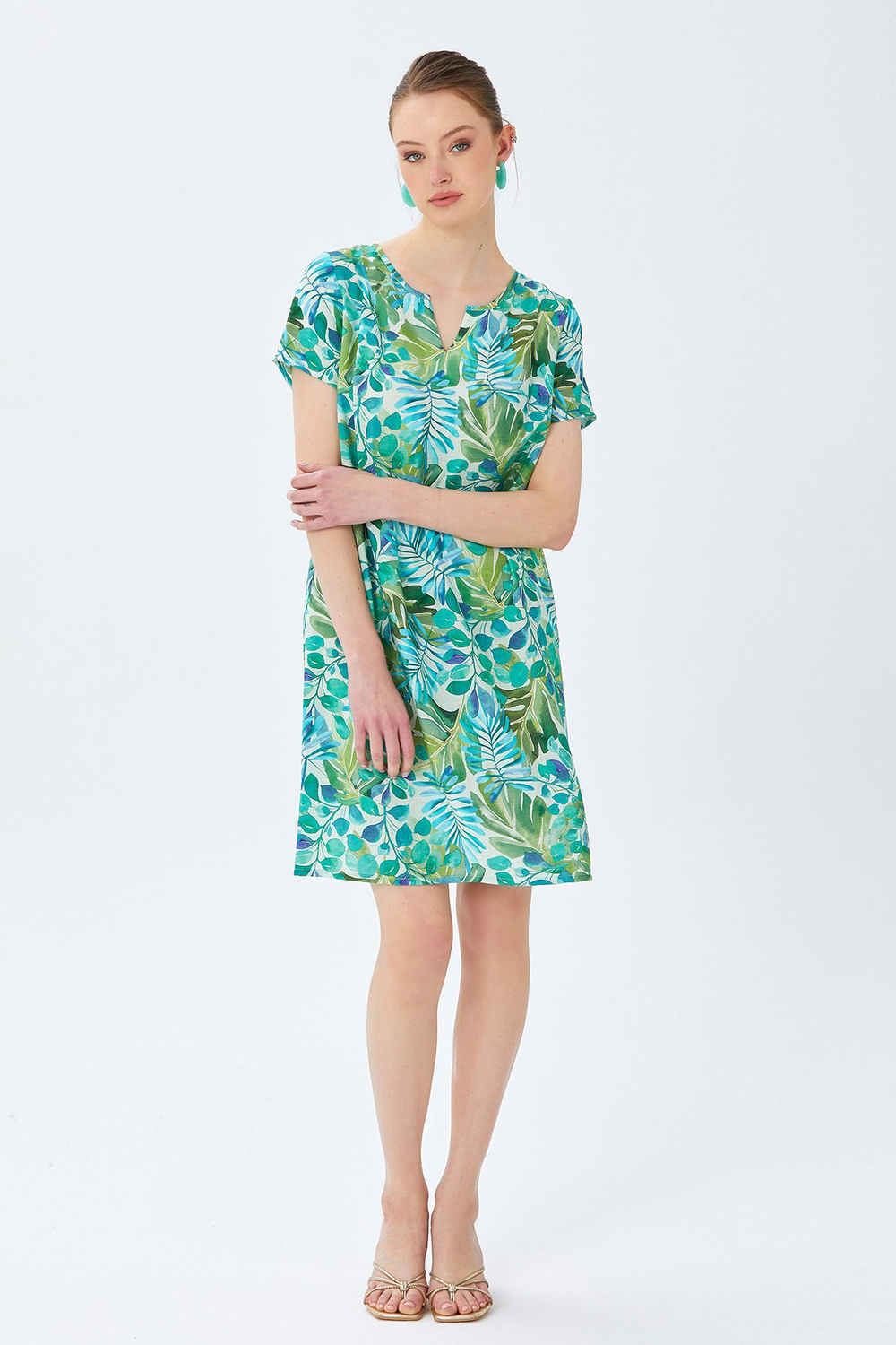 Hakim Yaka Kısa Kol Desenli Elbise 026-4040