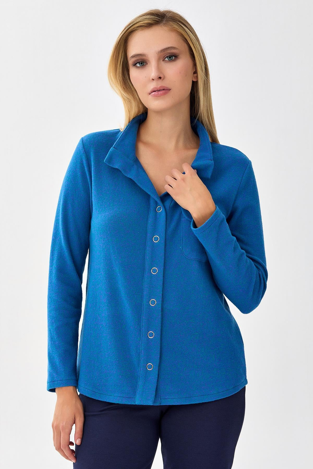 Önü Çıtçıtlı Cep Detaylı Uzun Kol Triko Bluz 256-1706