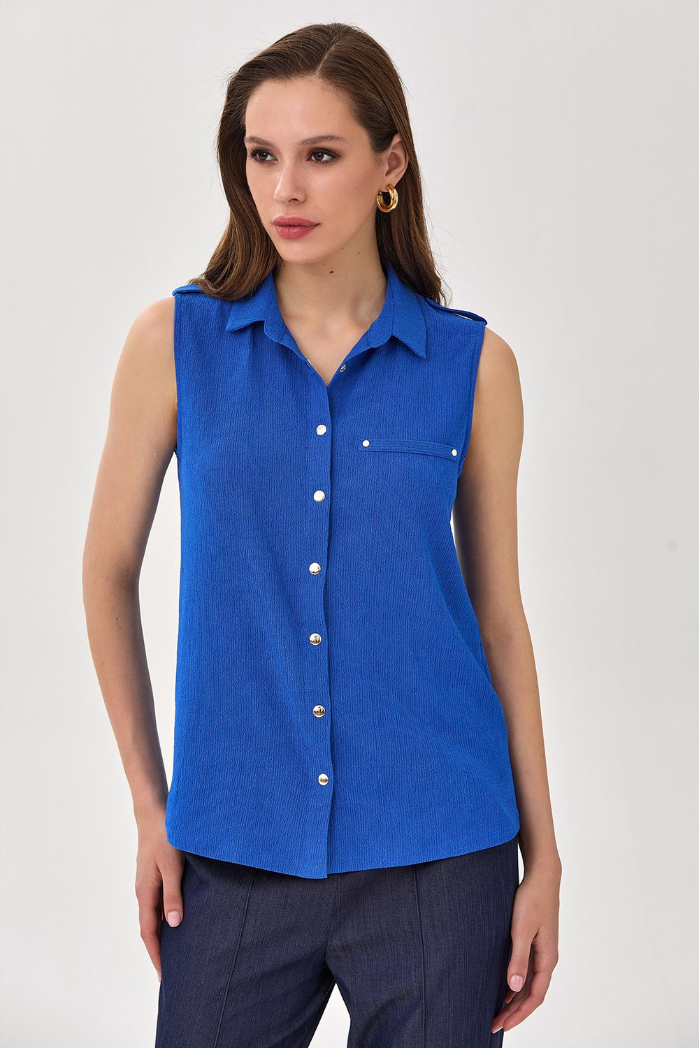 Polo Yaka Önü Çıtçıtlı Apoletli Bluz 025-1026