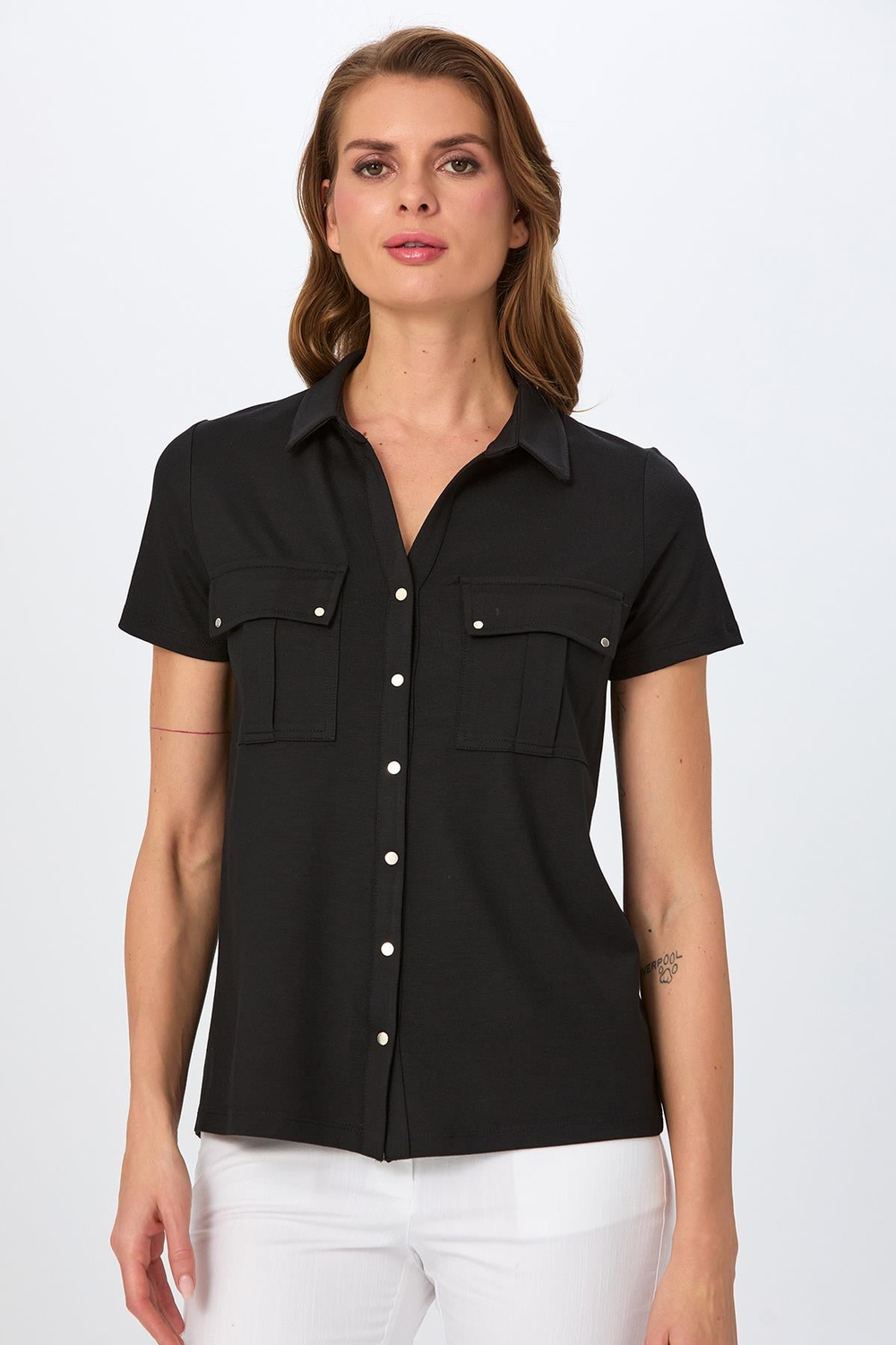 Polo Yaka Önü Çıtçıtlı Cep Detaylı Bluz 026-1018