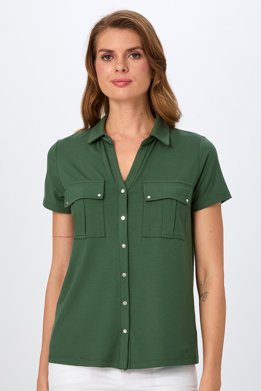 Polo Yaka Önü Çıtçıtlı Cep Detaylı Bluz 026-1018