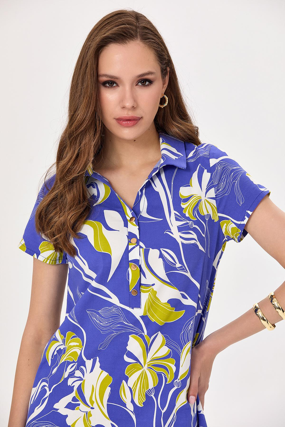 Polo Yaka Önü Çıtçıtlı Desenli Elbise 025-4028