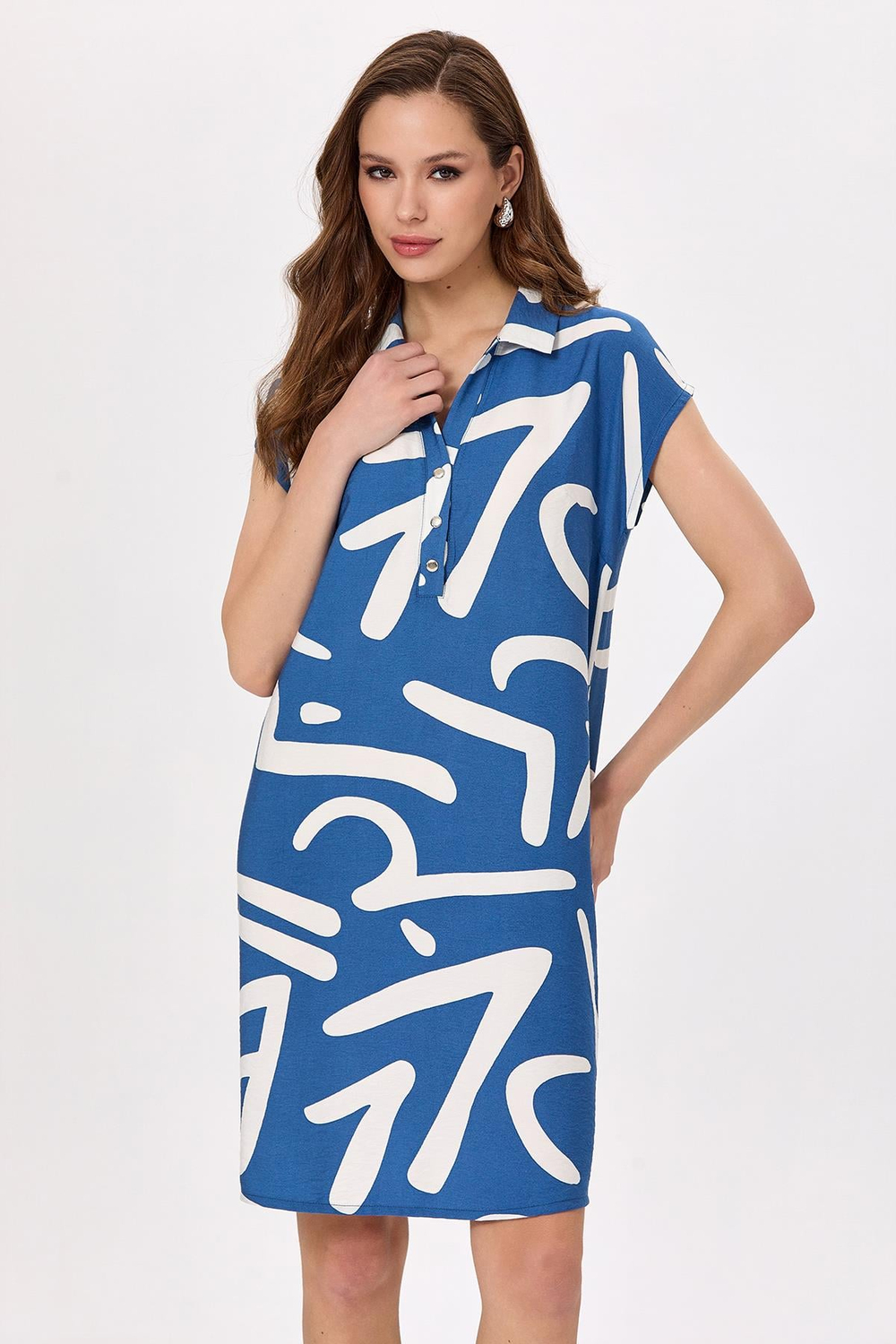 Polo Yaka Önü Çıtçıtlı Desenli Elbise 025-4033