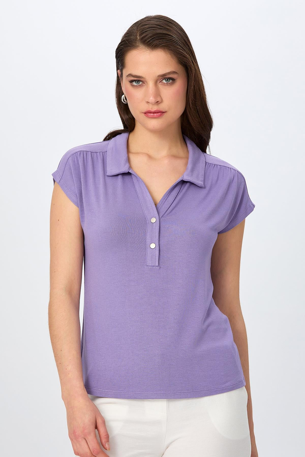 Polo Yaka Önü Çıtçıtlı Düşük Kol Bluz 026-1003