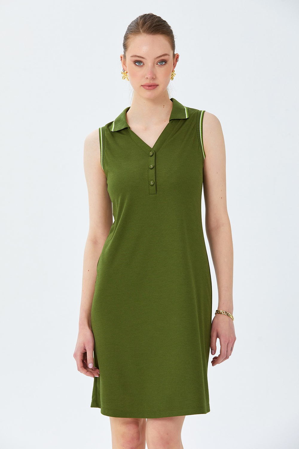 Polo Yaka Triko Bant Detaylı Elbise 026-2513