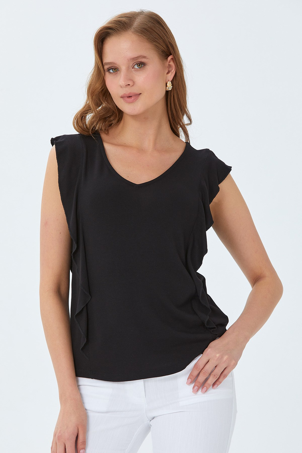 V Yaka Fırfır Detaylı Bluz 026-1013