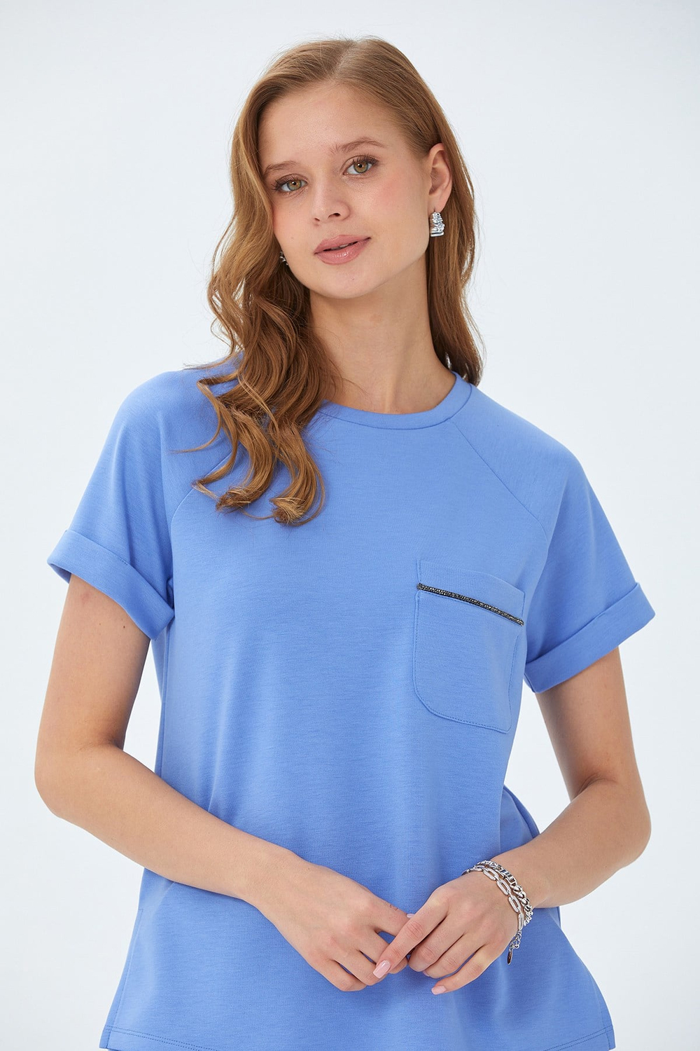 Yuvarlak Yaka Cep Detaylı Duble Kol S-Shirt 026-2116