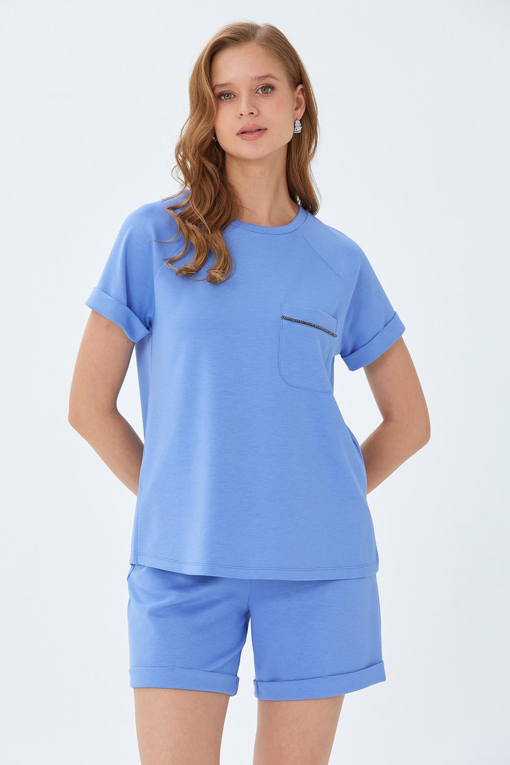 Yuvarlak Yaka Cep Detaylı Duble Kol S-Shirt 026-2116
