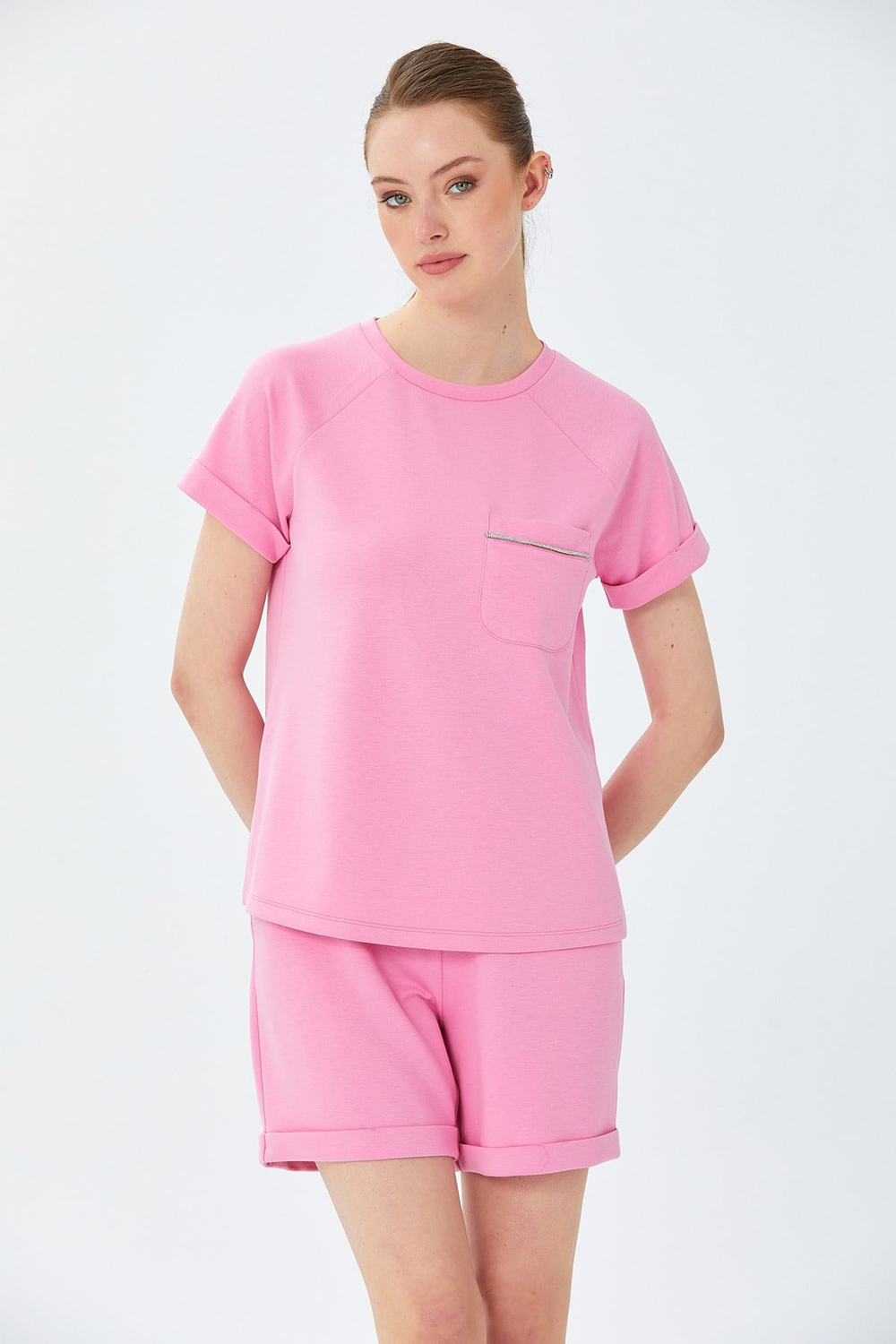 Yuvarlak Yaka Cep Detaylı Duble Kol S-Shirt 026-2116