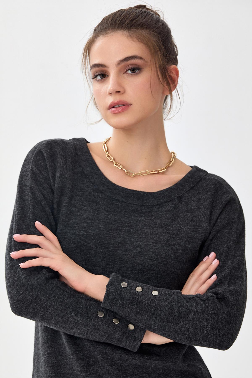 Yuvarlak Yaka Kolları Çıtçıtlı Triko Bluz 256-1705