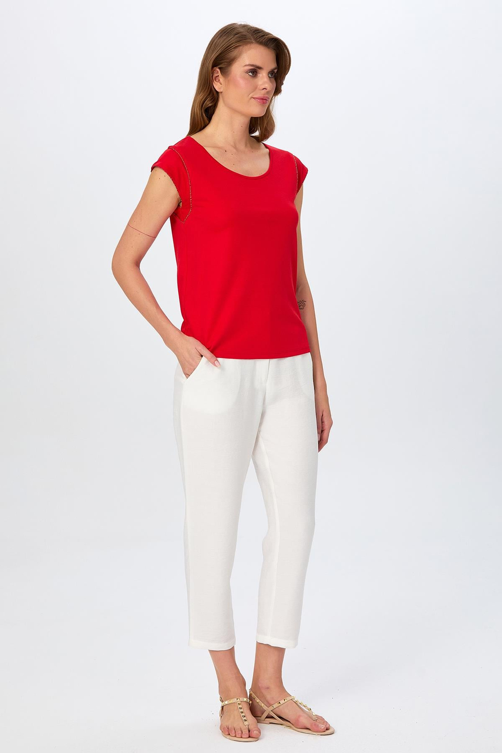 Yuvarlak Yaka Sim Şerit Detaylı Bluz 026-1020