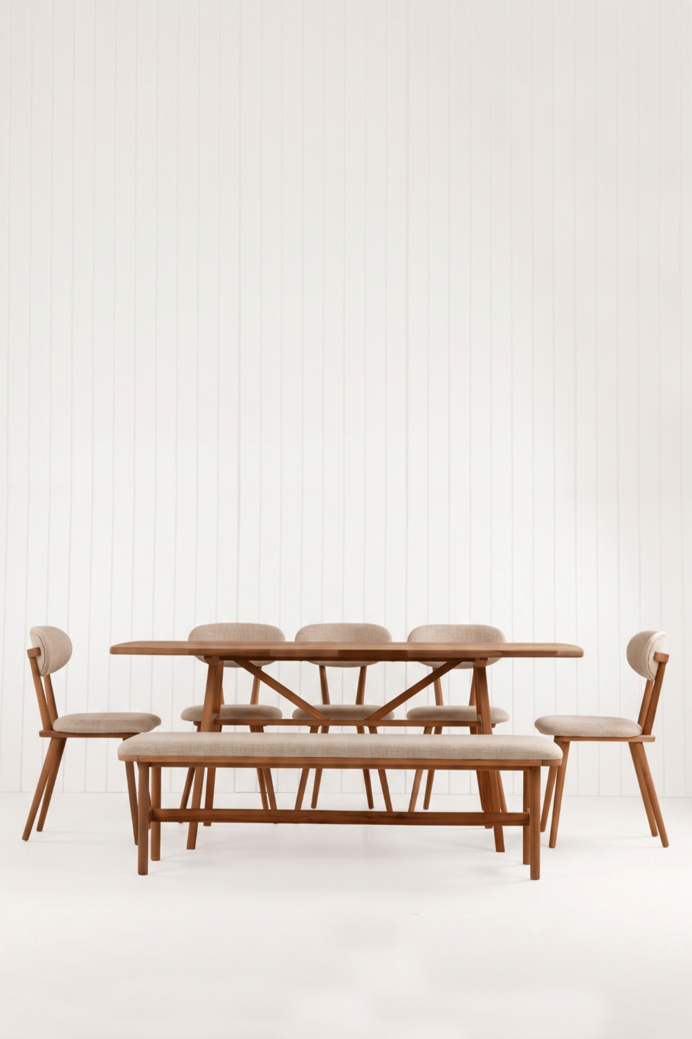 8 Kişilik Slim Masif Ceviz Masa, Limbo Sandalye ve Alaçatı Bench, Yemek Masası Takımı 180x80 cm