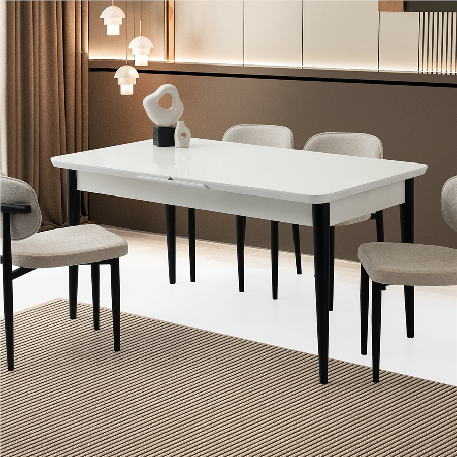 90x160+37 KELEBEK TEKNO KENAR HG KAR BEYAZ MASA + 4 SİESTA SANDALYE TAKIMI