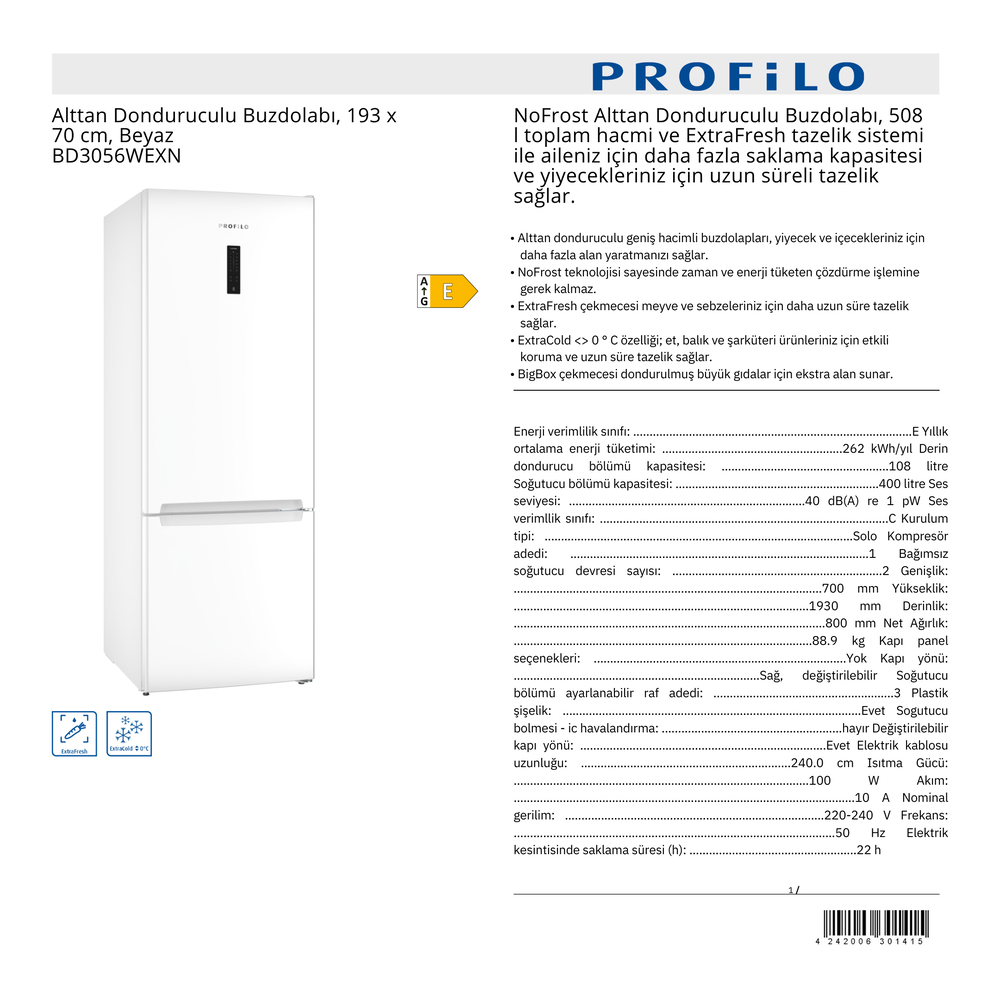 PROFİLO ALTTAN DONDURUCULU BUZDOLABI - BD3056WEXN