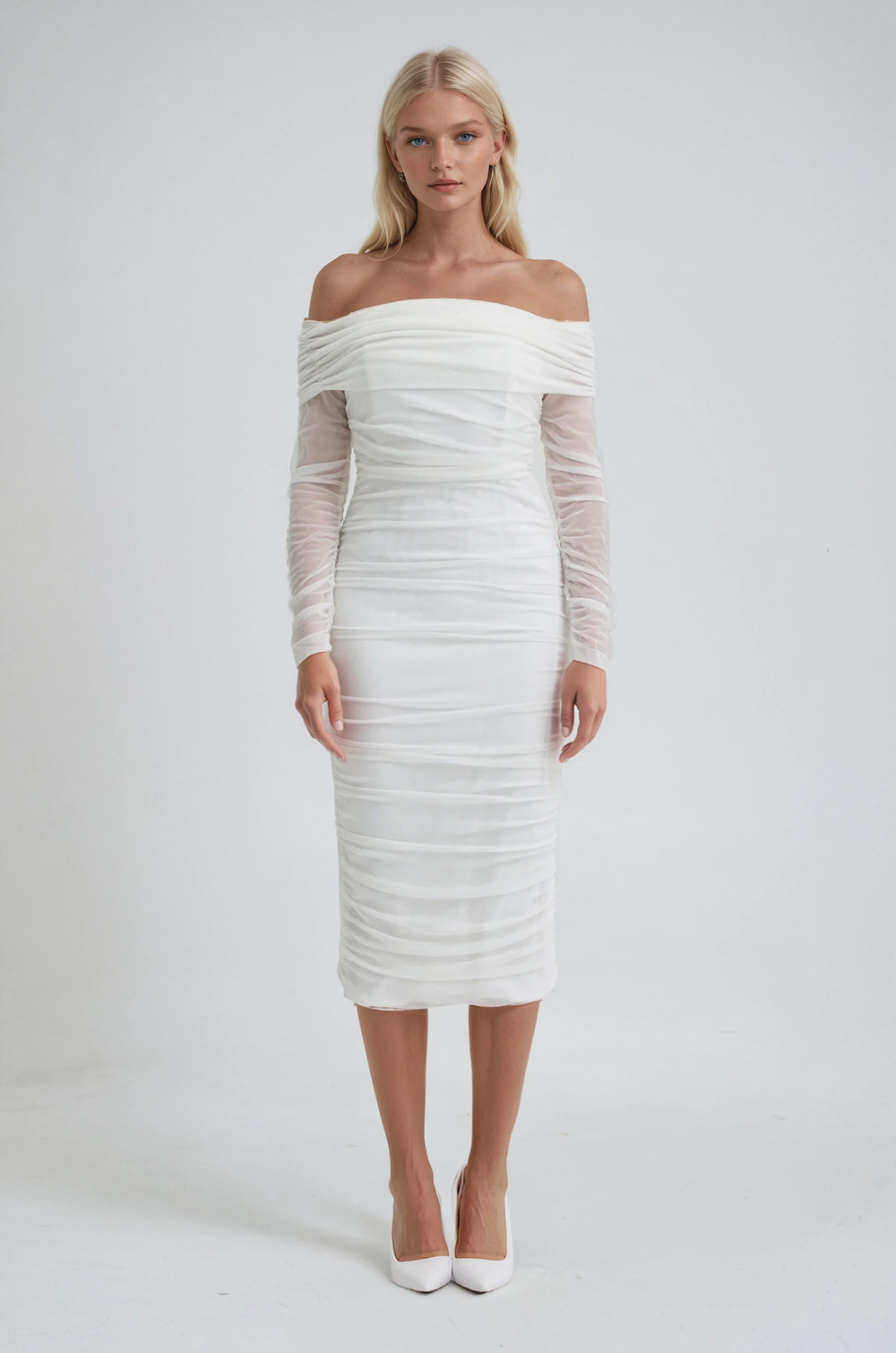 S6K2939Drape Detaylı Midi Tül Elbise 2939