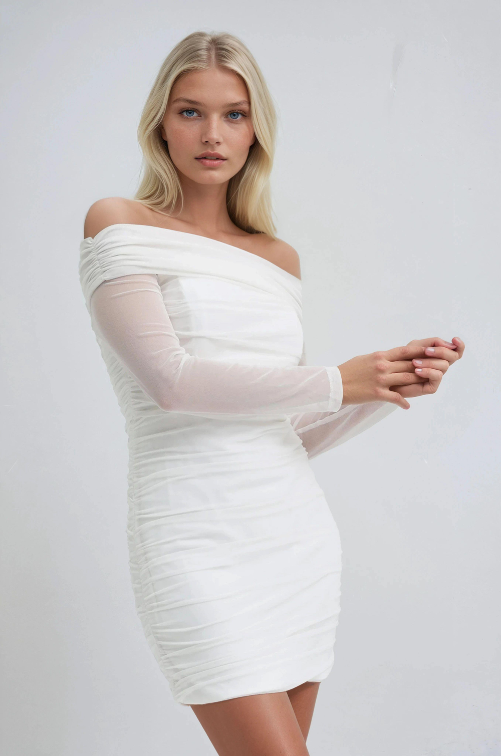 S6K2933Drapeli Madonna Yaka Mini Elbise 2933