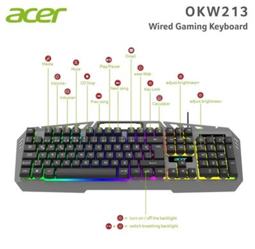 ACERAcer OKW213 Gri RGB Rainbow Backlit Gaming Keyboard Rainbow (Kablo Uzunluğu 1,5mt)4711474093516