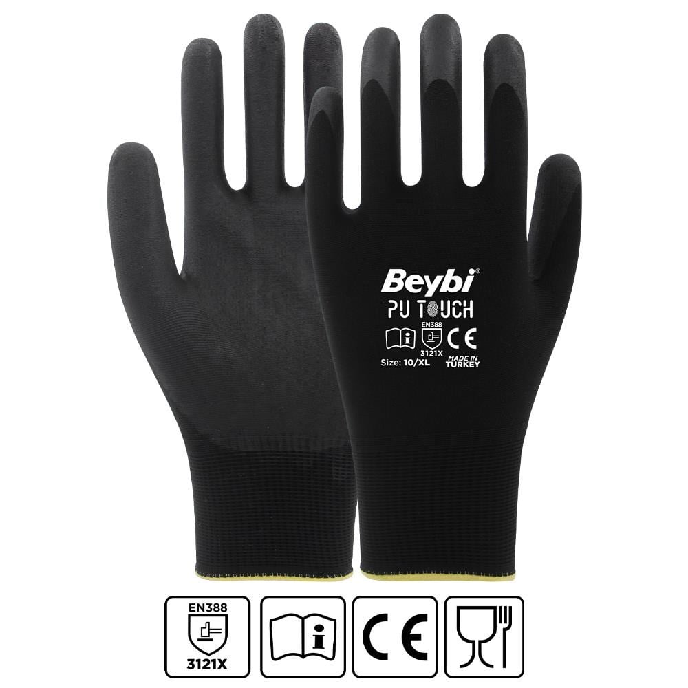 BEYBİBeybi 7 Beden 12li Paket  Poliüretan Kaplı Pu Touch Siyah Montaj Eldiven  EN388 (3121X)8681780022493