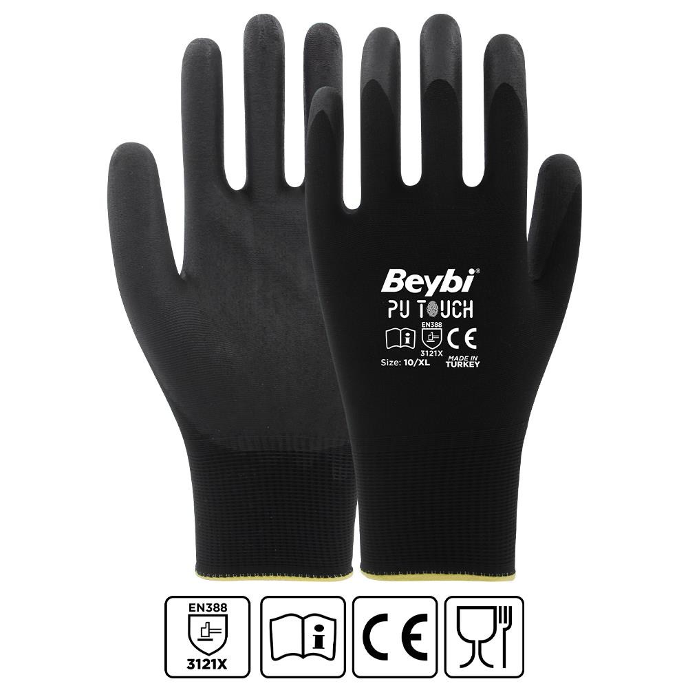 BEYBİBeybi 7 Beden 12li Paket  Poliüretan Kaplı Pu Touch Siyah Montaj Eldiven  EN388 (3121X)8681780022493