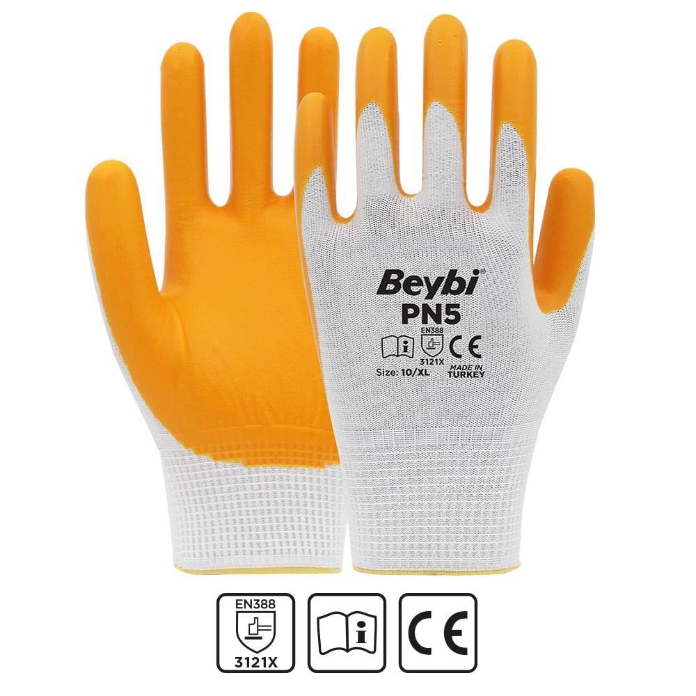 BEYBİBeybi Nitril PMK PN5 Beyaz Sarı Örme Polyoster Nitril  9 Beden 12li Paket EN388 (3121X)8681780021663