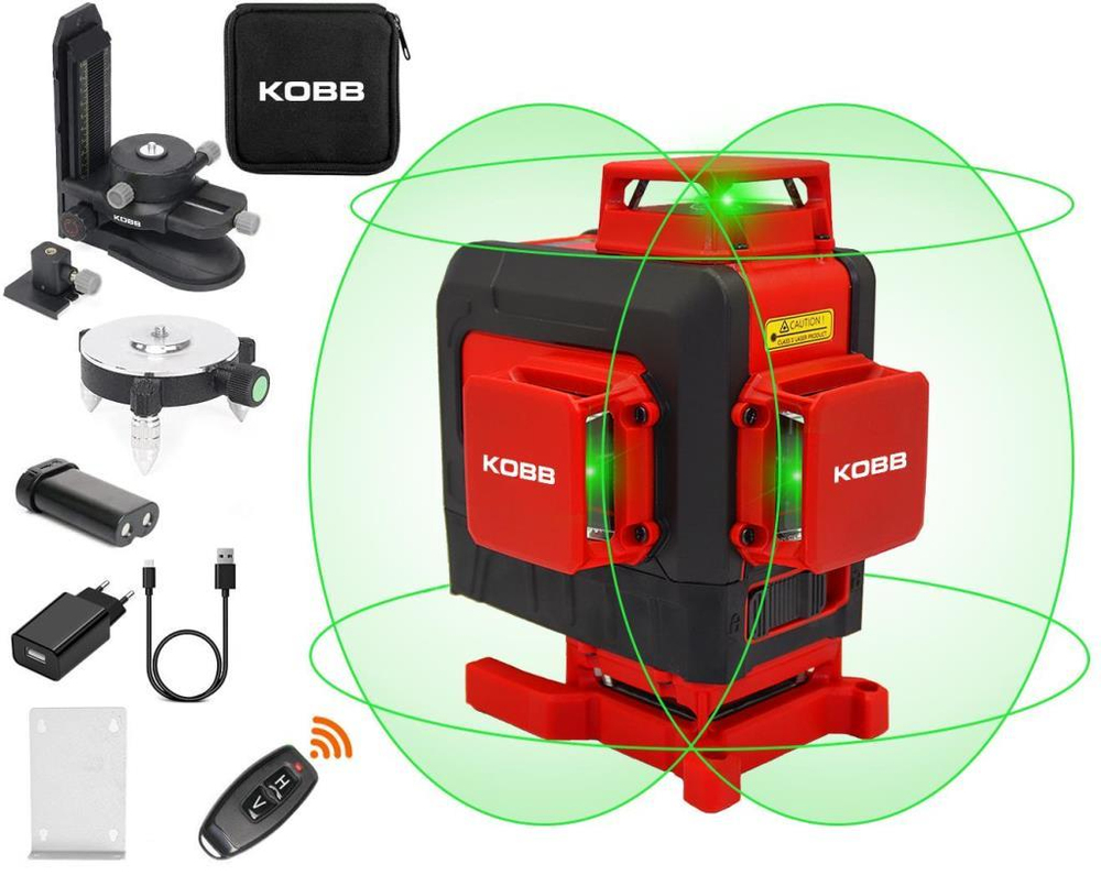 KOBBKOBB KBL35G Profesyonel Li-ion Şarjlı 4X360⁰ Otomatik Hizalamalı Yeşil Çapraz Çizgi Lazer Distomat+Uzaktan KumandaKBL35G