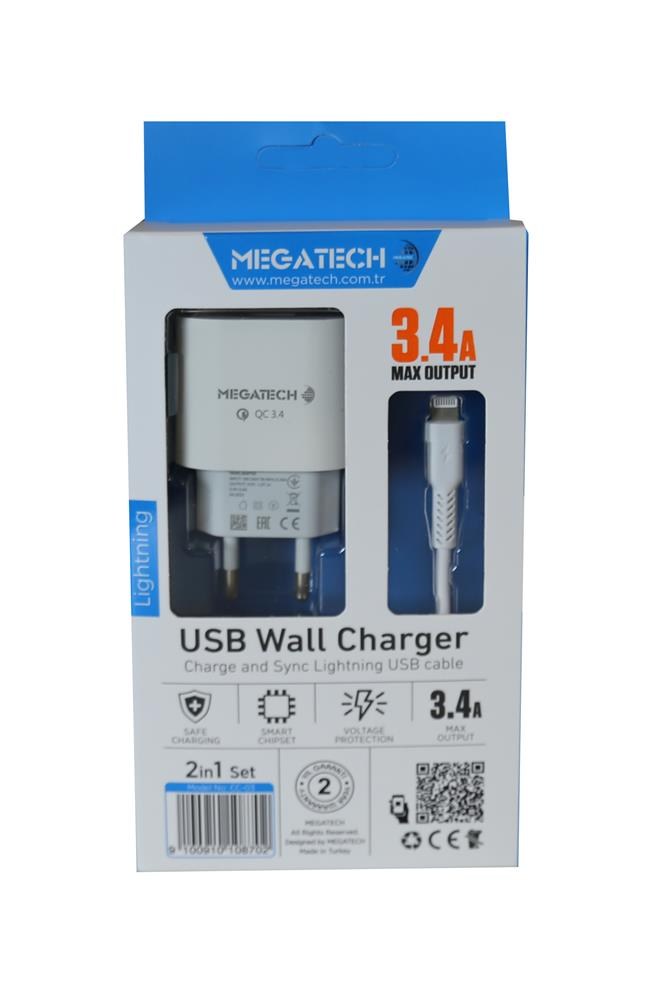 MEGATECHMegatech CC-03 (MT-Cl34) 3.4A Lightning Usb Kablo + Ev Şarj Adaptörü Hızlı Şarj9100910108702