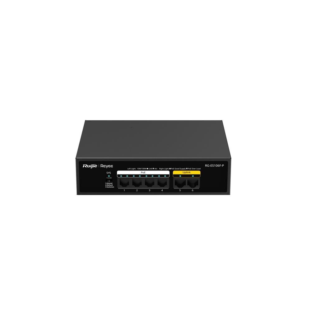 RUIJIERuijie-Reyee RG-ES106F-P 4 Port POE+ 10-100-1000 Mbps+2 Port 10-100 Mbps Uplink Switch6971693279056