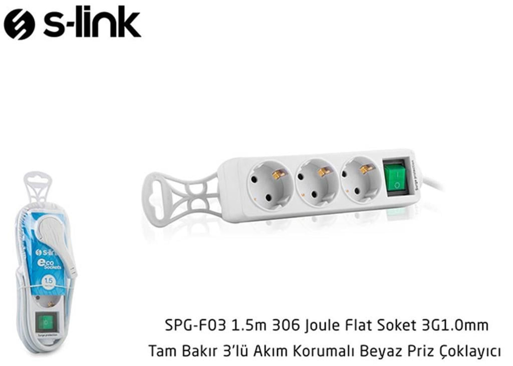 S-LİNKS-link SPG-F03 1.5m 306 Joule Flat Soket 3G1.0mm Tam Bakır 3 lü Akım Korumalı Priz Çoklayıcı8680096026485