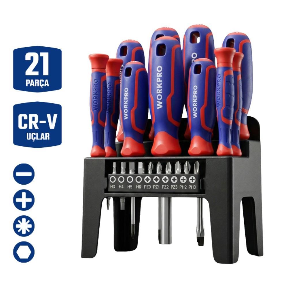 WorkproWORKPRO WP200551 21 Parça CR-V Duvar Askı Aparatlı Profesyonel Manyetik Tornavida SetiWP200551