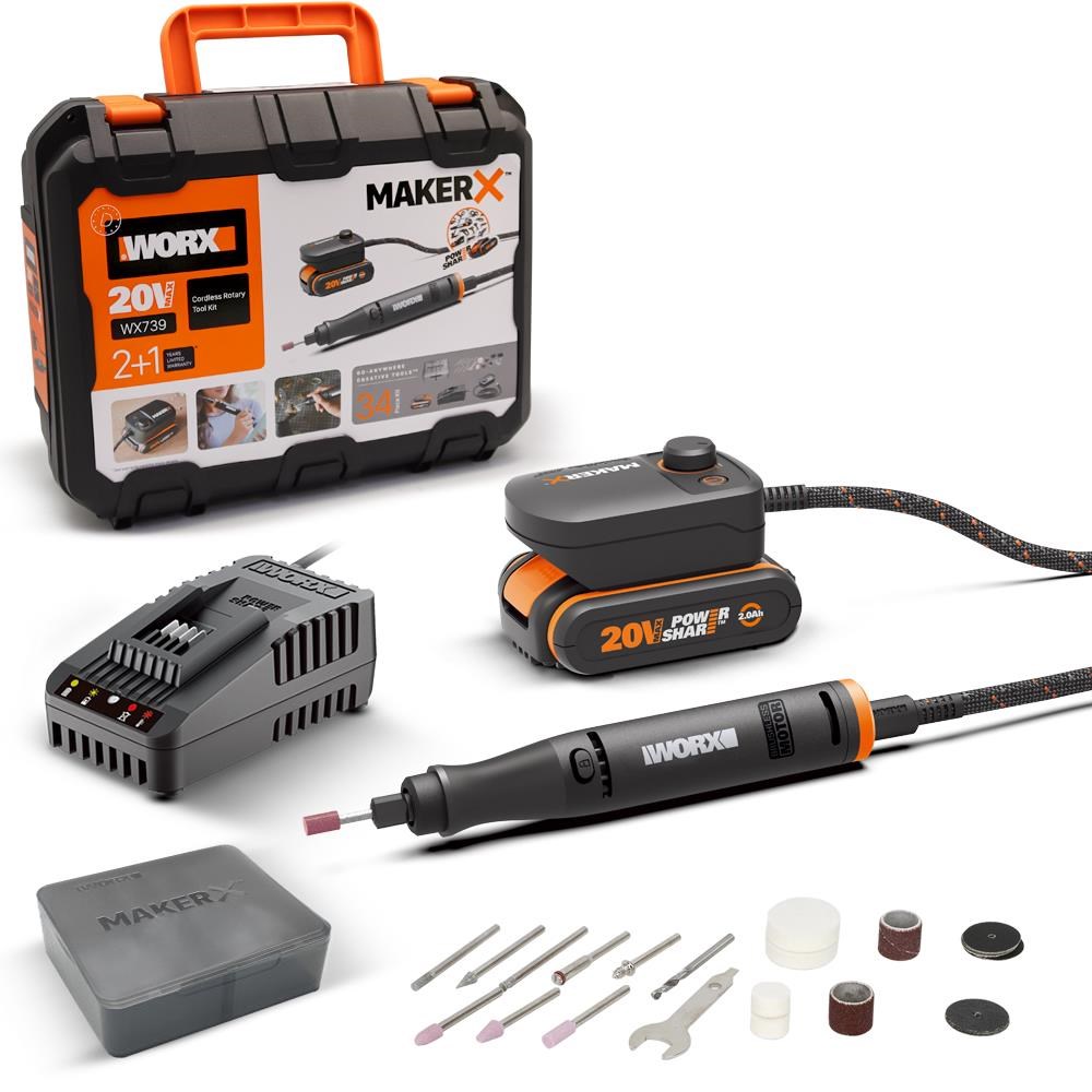 WorxWORX WX739 MAKERX 20Volt 2.0Ah. Kömürsüz Profesyonel Kalem Tipi Devir Ayarlı Gravür Seti + 34 Parça aksesuarWX739