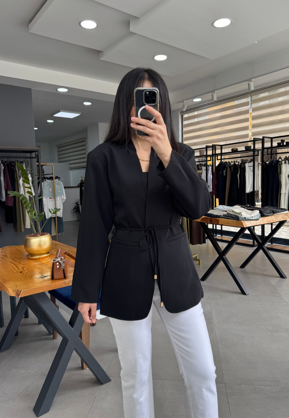 Bağcıklı Kruvaze Astarlı Siyah Blazer Ceket